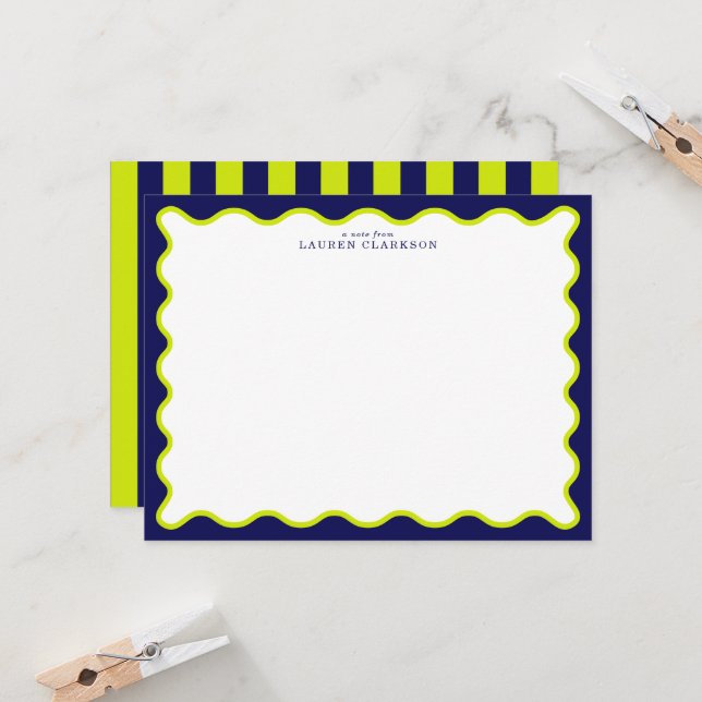 Invitación Navy and Lime Striped Back Wavy Frame Note Card (Anverso/Reverso In Situ)