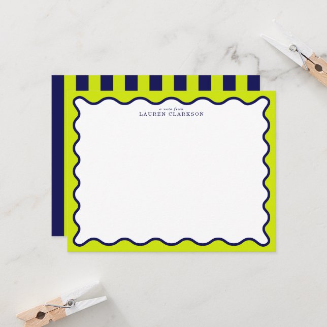Invitación Navy and Lime Striped Wavy Frame Note Card (Anverso/Reverso In Situ)