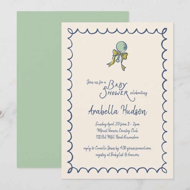Invitación Navy and Mint Doodle Rattle and Bow Baby Shower (Anverso / Reverso)