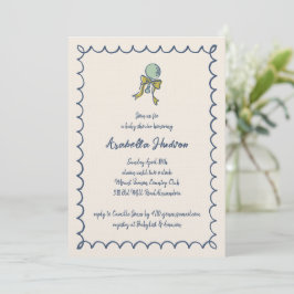 Invitación Navy and Mint Doodle Rattle and Bow Baby Shower