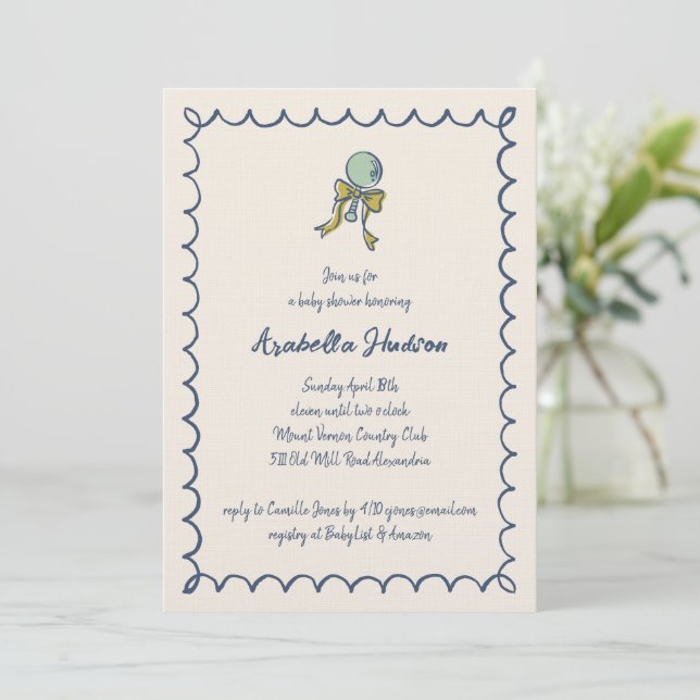 Invitación Navy and Mint Doodle Rattle and Bow Baby Shower (Anverso de pie)