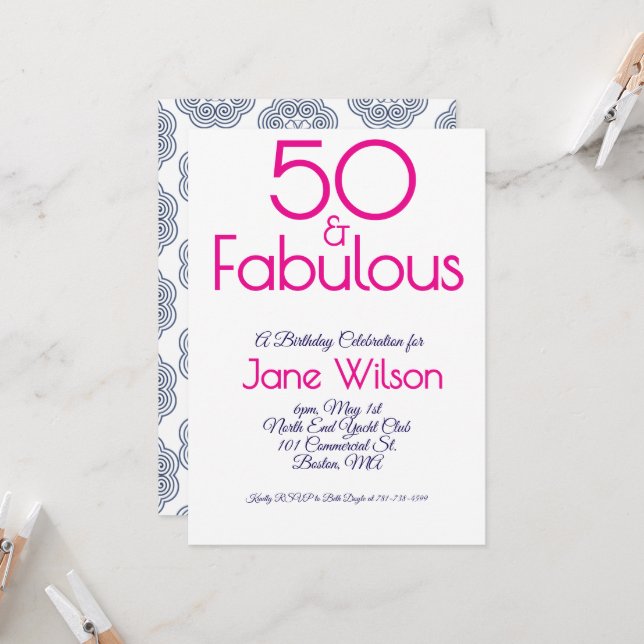 Invitación Navy and Pink 50th Birthday Invitation (Anverso/Reverso In Situ)