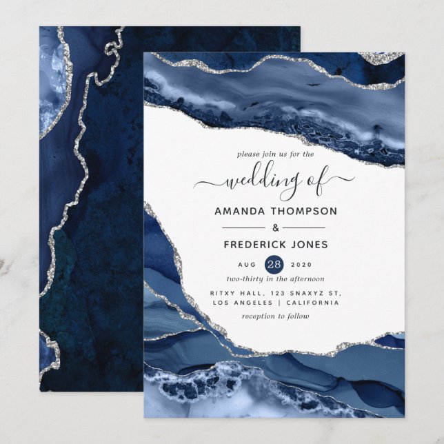 Invitación Navy and Silver Agate Wedding (Anverso / Reverso)