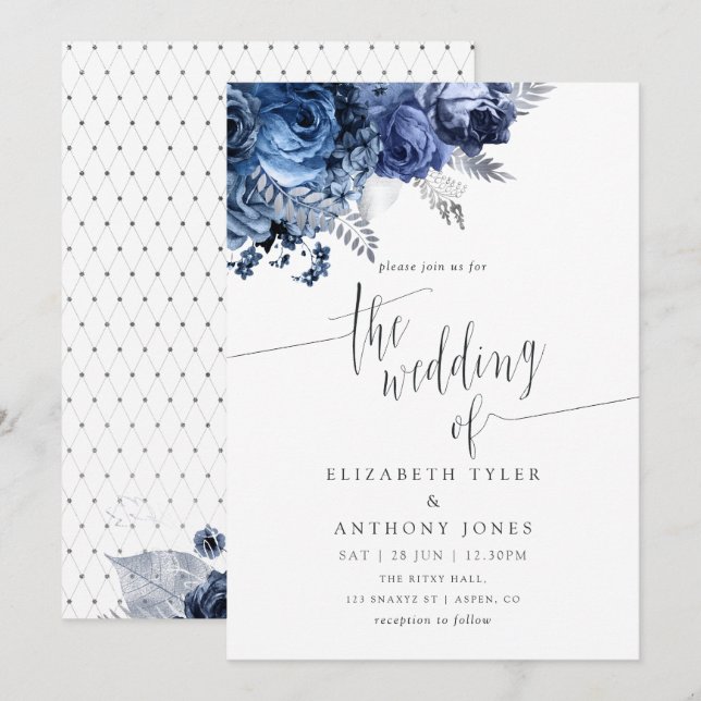 Invitación Navy and White with Silver Foil Wedding Invitation (Anverso / Reverso)