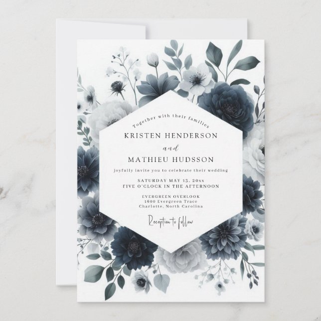 Invitación Navy Aquarelle Bloom Wedding (Anverso)
