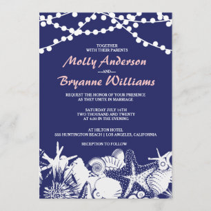 Invitación Navy Artsy Seashells String Lights Beach Wedding