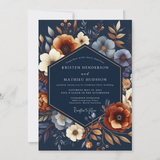 Invitación Navy Autumnal Bloom Wedding (Anverso)