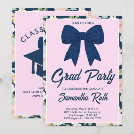 Invitación Navy Azul de Gingham con Lazo de Flor Silvestre Fi