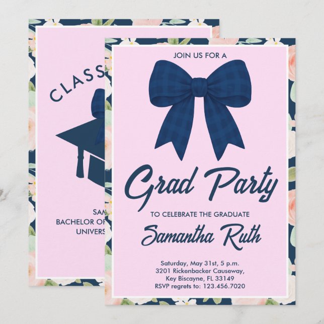 Invitación Navy Azul de Gingham con Lazo de Flor Silvestre Fi (Anverso / Reverso)