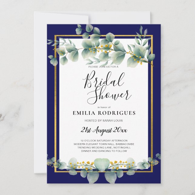 Invitación NAVY AZUL GOLD Greenery Eucalyptus BRIDAL DUCHA (Anverso)