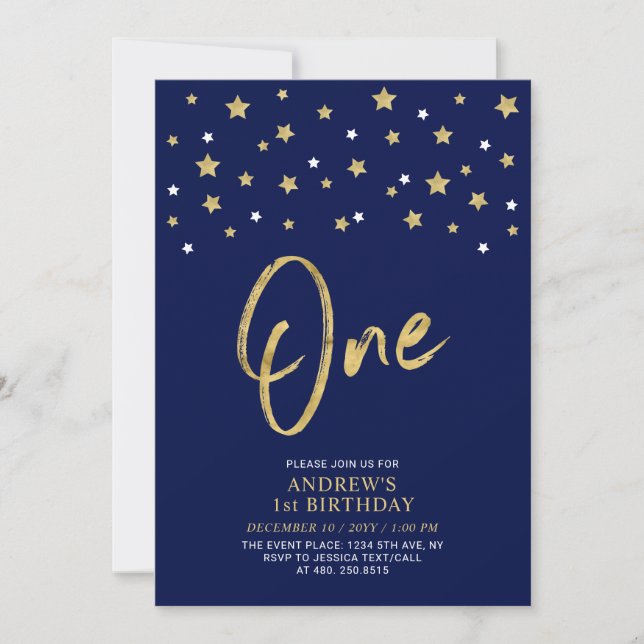 Invitación Navy Azul y Estrella Dorada | Cumpleaños 1 Primero (Anverso)
