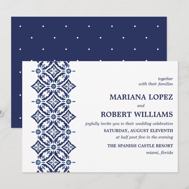 Invitación Navy Azulejo | Boda de borde de mosaico español (Anverso / Reverso)