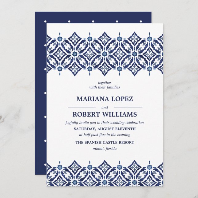 Invitación Navy Azulejo | Boda de encaje de borde de mosaico  (Anverso / Reverso)