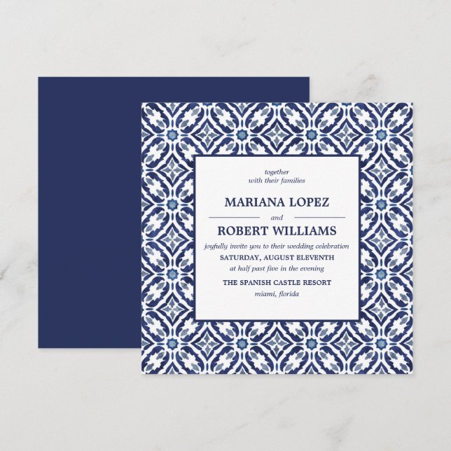 Invitación Navy Azulejo | Boda del patrón de mosaico español (Anverso / Reverso)