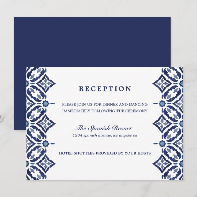 Invitación Navy Azulejo | Recepción de bodas en mosaico en Es (Anverso / Reverso)