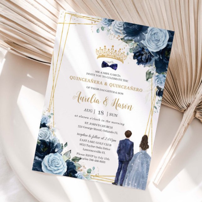 Invitación Navy Baby Blue Floral Twins Boy Girl Quinceanera (Subido por el creador)