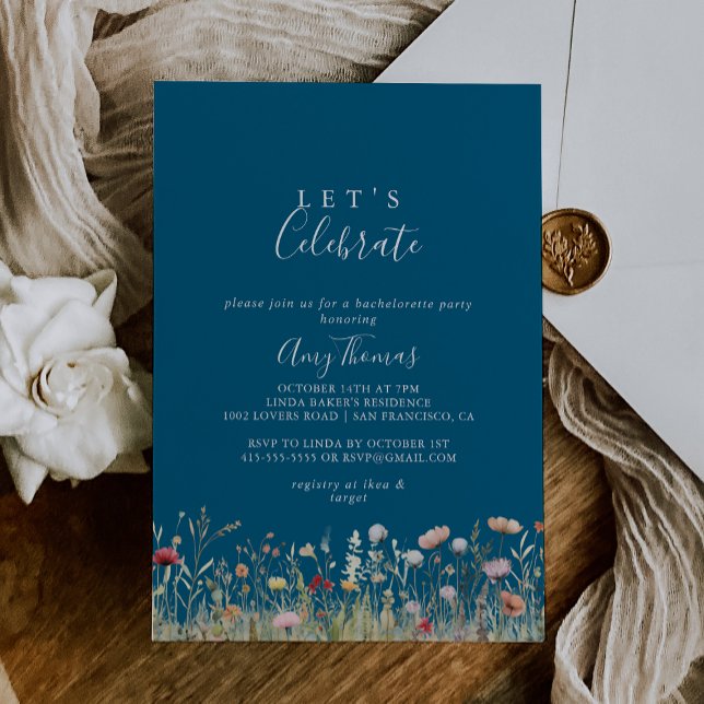 Invitación Navy Bliss Boho Wildflower Let's Celebrate Party (Subido por el creador)