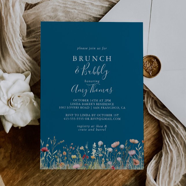 Invitación Navy Bliss Wildflower Brunch Bubbly Bridal Shower (Subido por el creador)