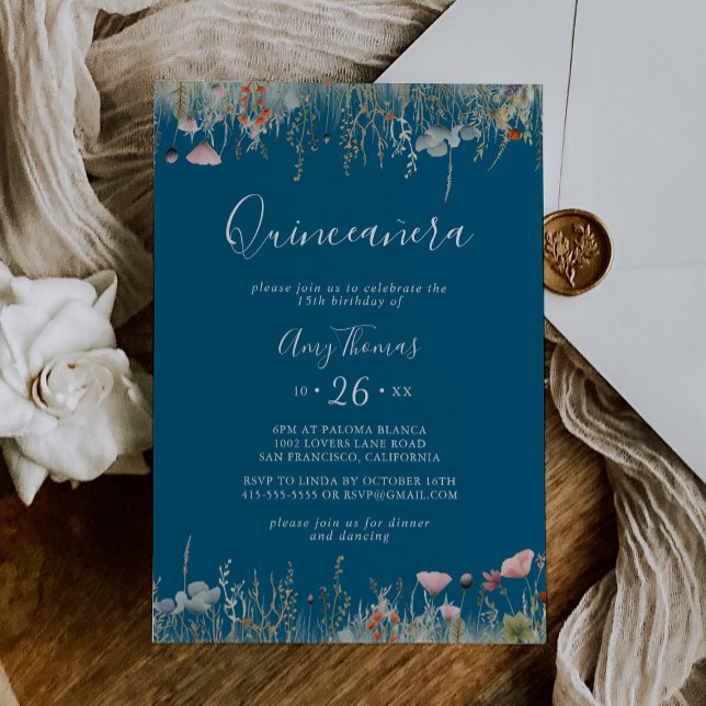 Invitación Navy Blissful Colorful Boho Wildflower Quinceañera (Subido por el creador)
