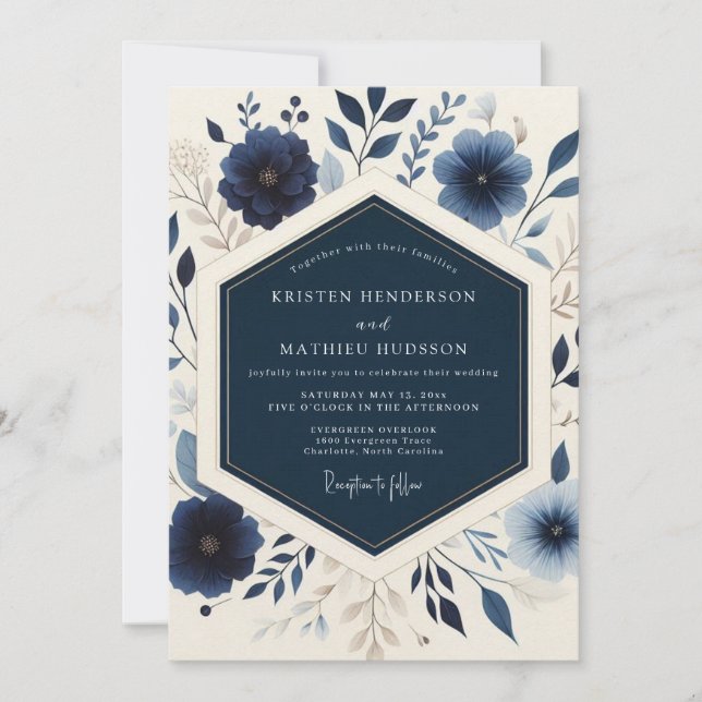 Invitación Navy Blooming Botanical Wedding (Anverso)