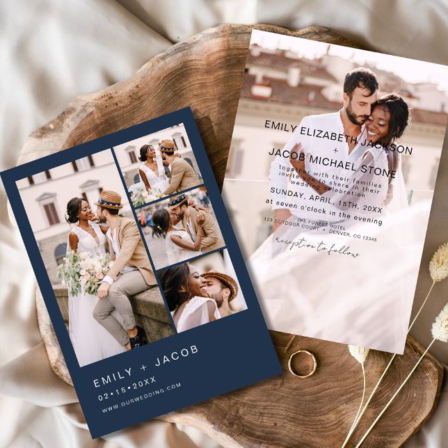 Invitación Navy Blue 5 Foto Boda elegante moderna (Subido por el creador)