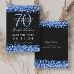 Invitación Navy Blue 70th Birthday Save the Date<br><div class="desc">Elegante diseño de "fiesta de cumpleaños número 70" con luces de cadena azul de la Marina,  nombre personalizado y texto de detalles. Fácil de usar y fácil de personalizar. ¡No te quedes sin el tuyo!</div>