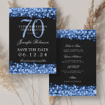 Invitación Navy Blue 70th Birthday Save the Date con detalles<br><div class="desc">Elegante diseño de "fiesta de cumpleaños 70" con luces azules de la marina y nombre personalizado y texto de detalles. Fácil de usar y fácil de personalizar. ¡No te quedes sin el tuyo!</div>