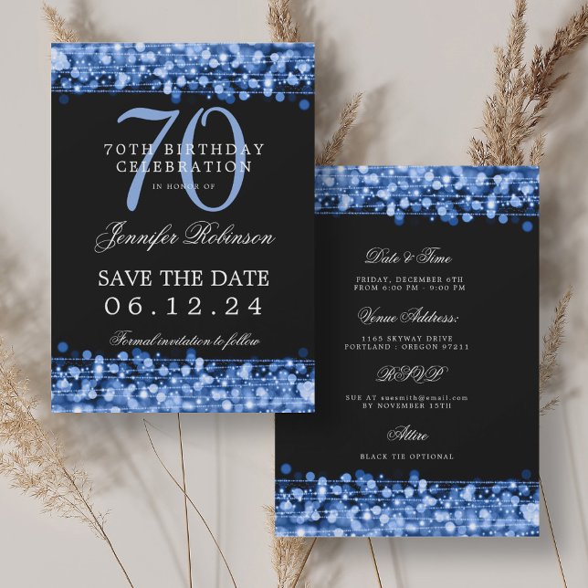 Invitación Navy Blue 70th Birthday Save the Date con detalles (Navy Blue 70th Birthday Save the Date w/ Details Invitation)