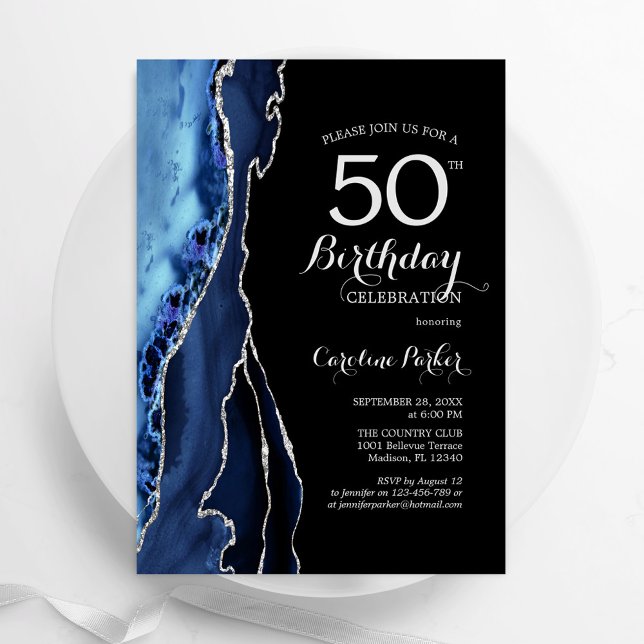 Invitación Navy Blue Agate Black Silver 50 cumpleaños (Subido por el creador)
