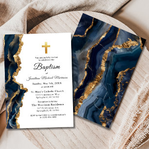 Invitación Navy Blue Agate Gold Baptism Moderno Elegante
