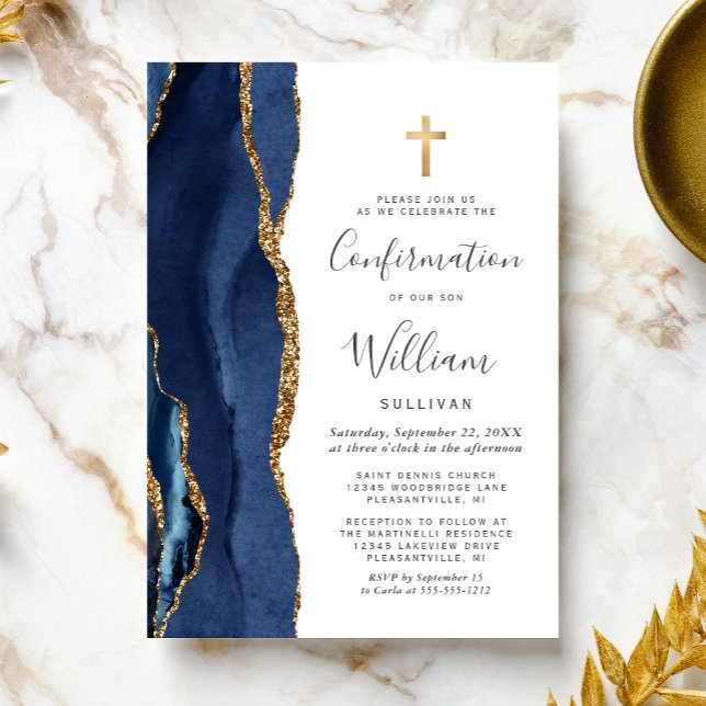Invitación Navy Blue Agate Gold Glitter Confirmation (Subido por el creador)
