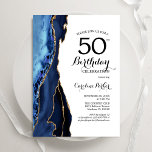 Invitación Navy Blue Agate Gold White 50 cumpleaños<br><div class="desc">Invitación a la fiesta de cumpleaños número 50 de los marineros azules, blancos y dorados. Elegante diseño moderno con acuarela azul real agate mármol fondo geodésico, oro falso purpurina y letra de escritura tipográfica. La carta de invitación de moda es perfecta para una elegante celebración del cumpleaños de las mujeres....</div>