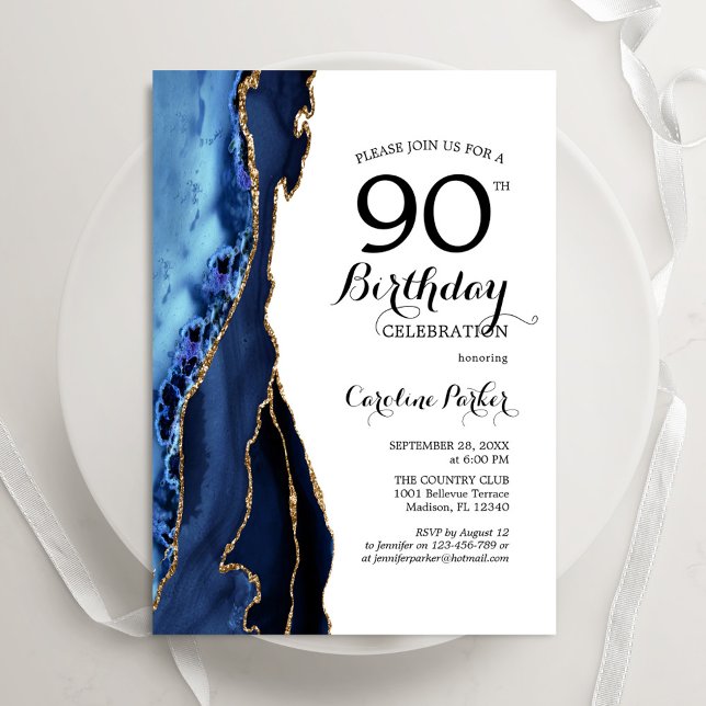 Invitación Navy Blue Agate Gold White 90 cumpleaños (Subido por el creador)