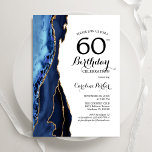 Invitación Navy Blue Agate Gold White Cumpleaños 60<br><div class="desc">Invitación a la fiesta de cumpleaños número 60 en azul marino, blanco y dorado. Elegante diseño moderno con acuarela azul real agate mármol fondo geodésico, oro falso purpurina y letra de escritura tipográfica. La carta de invitación de moda es perfecta para una elegante celebración del cumpleaños de las mujeres. Invitaciones...</div>