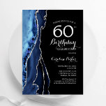 Invitación Navy Blue Agate Silver Black 60 cumpleaños<br><div class="desc">Invitación a la fiesta de cumpleaños número 60 en azul marino, negro y plata. Elegante diseño moderno con acuarela azul real agate mármol fondo geodésico, oro falso purpurina y letra de escritura tipográfica. La carta de invitación de moda es perfecta para una elegante celebración del cumpleaños de las mujeres. Invitaciones...</div>