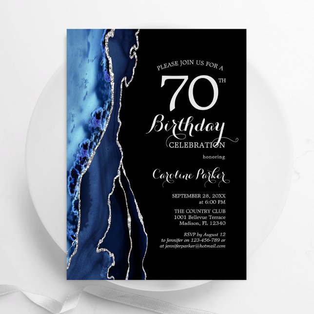 Invitación Navy Blue Agate Silver Black 70 cumpleaños (Subido por el creador)