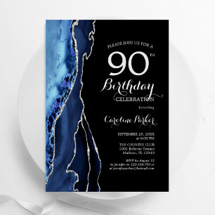 Invitación Navy Blue Agate Silver Black 90 cumpleaños