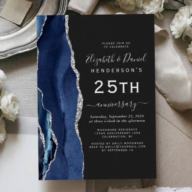 Invitación Navy Blue Agate Silver Dark 25th Anniversary (Subido por el creador)
