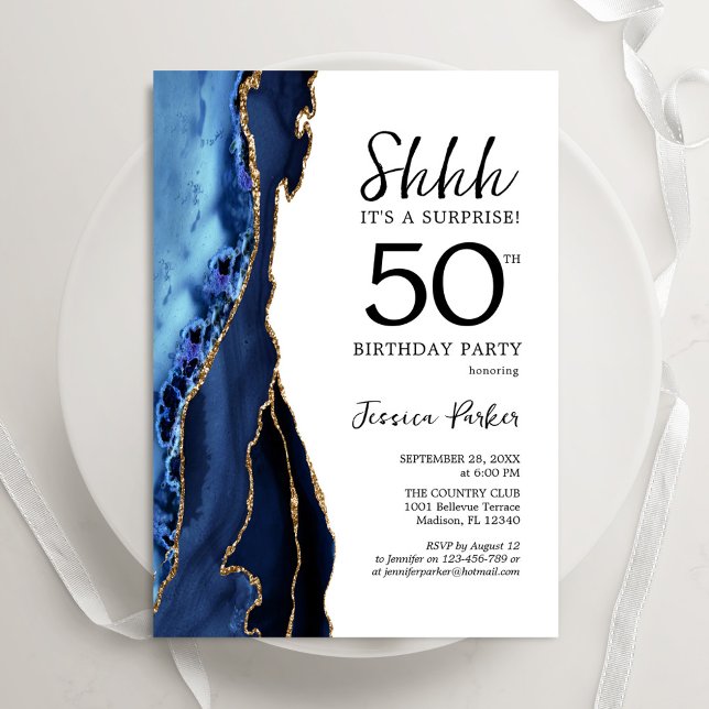 Invitación Navy Blue Agate White Gold Surprise 50 cumpleaños (Subido por el creador)