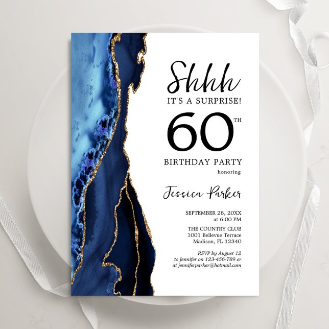 Invitación Navy Blue Agate White Gold Surprise Cumpleaños 60 (Subido por el creador)