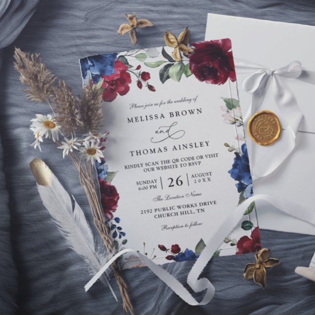 Invitación Navy Blue and Burgundy Blush QR Code Wedding  (Subido por el creador)