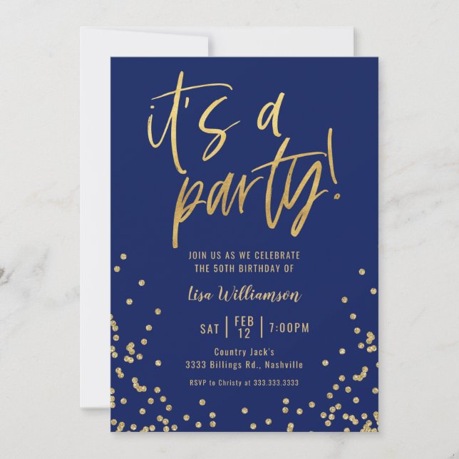 Invitación Navy Blue and Gold 50th Birthday Party (Anverso)