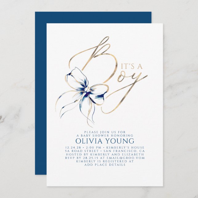 Invitación Navy Blue and Gold Bow Boy Baby Shower (Anverso / Reverso)