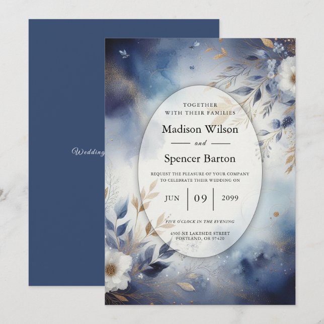 Invitación Navy Blue and Gold Floral Wedding (Anverso / Reverso)