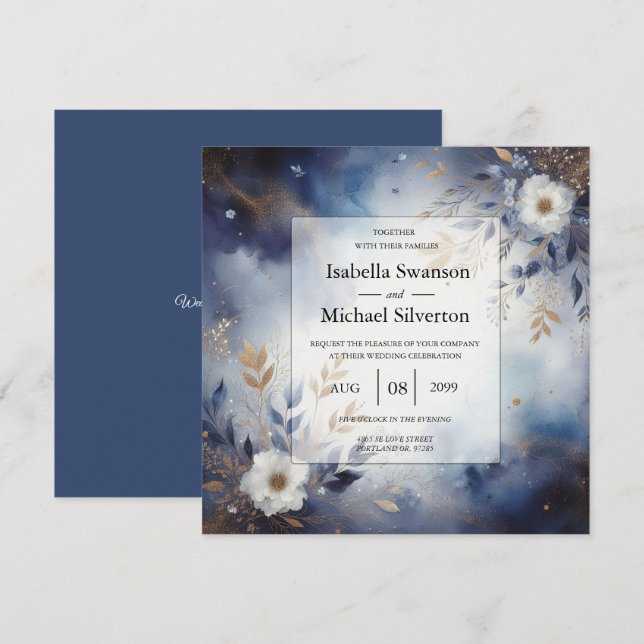 Invitación Navy Blue and Gold Floral Wedding  (Anverso / Reverso)