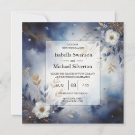 Invitación Navy Blue and Gold Floral Wedding
