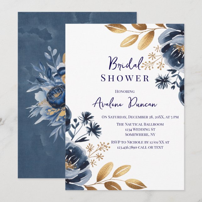Invitación Navy Blue and Gold Peony Bridal Shower (Anverso / Reverso)