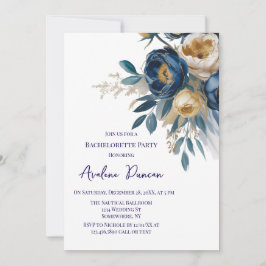 Invitación Navy Blue and Gold Peony Flower Bachelorette Party