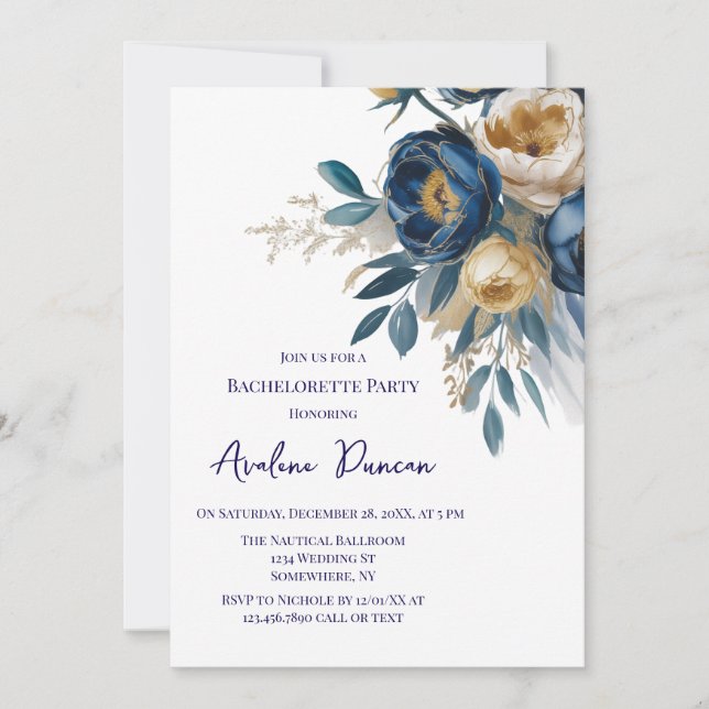Invitación Navy Blue and Gold Peony Flower Bachelorette Party (Anverso)
