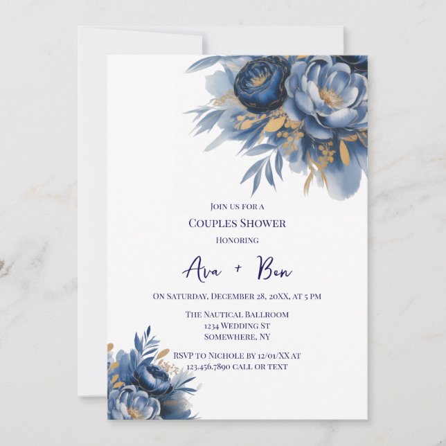 Invitación Navy Blue and Gold Peony Flower Couples Shower (Anverso)